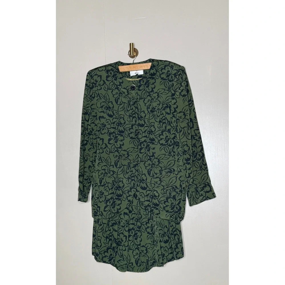 Kasper ASL Vintage Olive Floral‎ Skirt Suit Set Size 10 Cottagecore